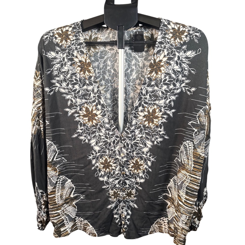 Free People Bird Floral‎ Print Kimono Sleeve Boho Tunic Top Medium